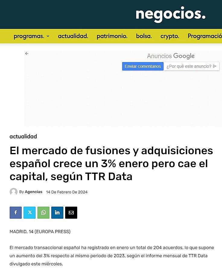 El mercado de fusiones y adquisiciones espaol crece un 3% enero pero cae el capital, segn TTR Data